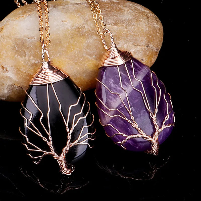 Natural Stone Sphere Pendant Necklace Tree of Life