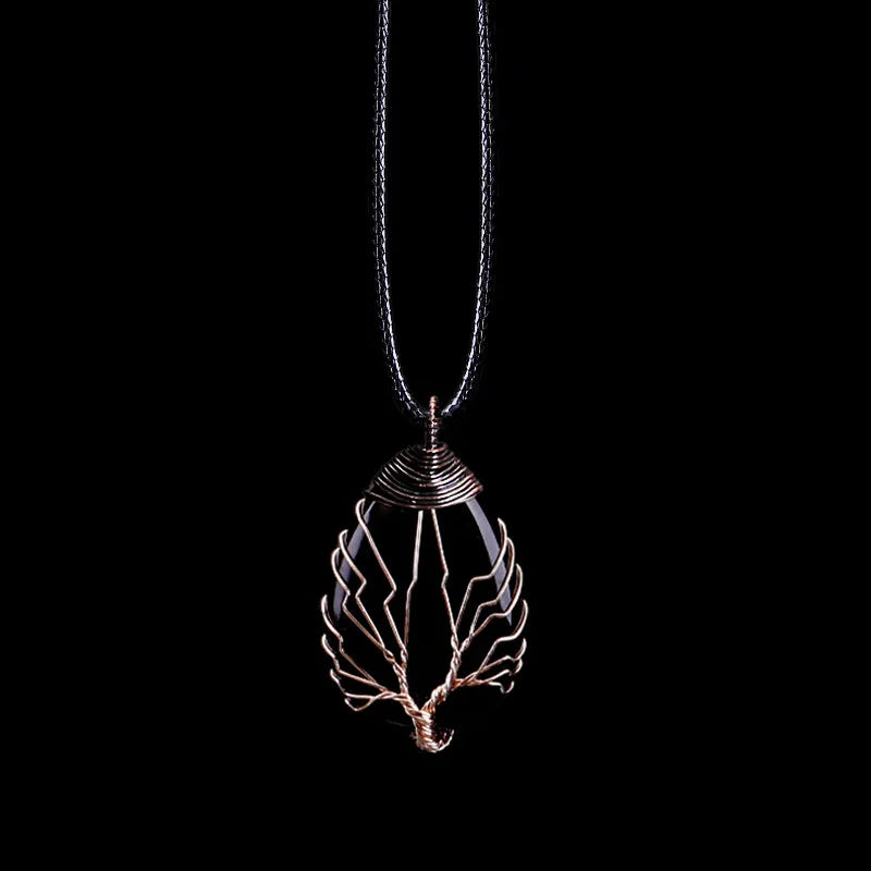 Natural Stone Sphere Pendant Necklace Tree of Life black agate