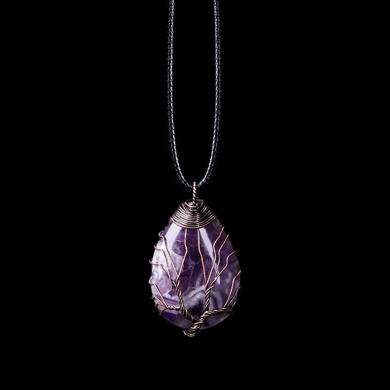 Natural Stone Sphere Pendant Necklace Tree of Life amethyst
