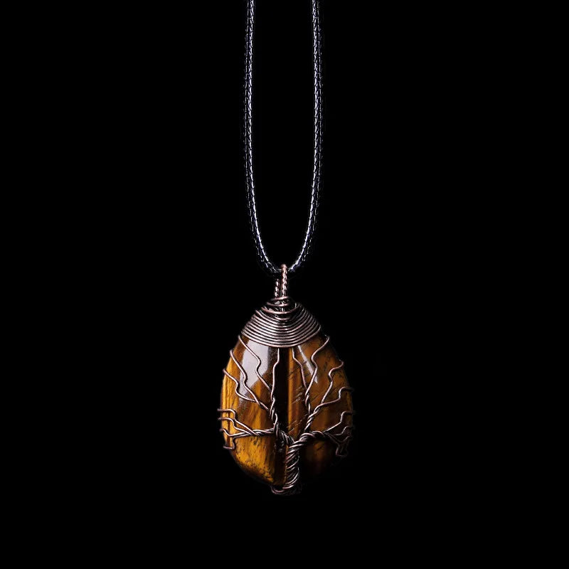 Natural Stone Sphere Pendant Necklace Tree of Life tiger eye