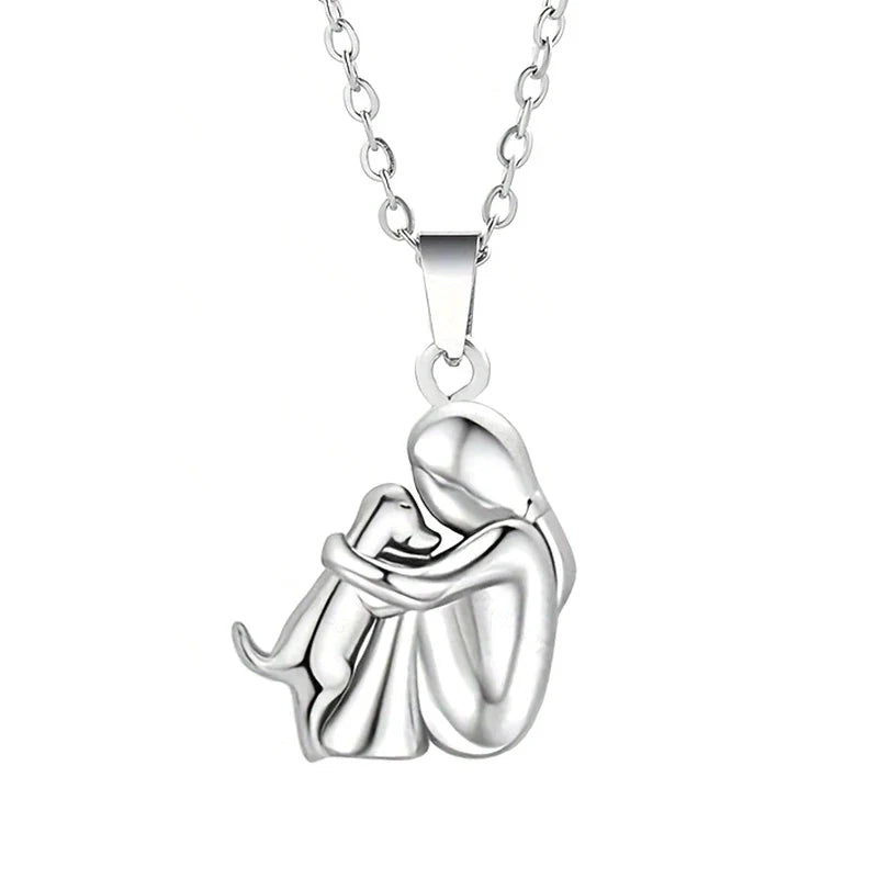 Dog and Master Cuddle Pendant Necklace Silver