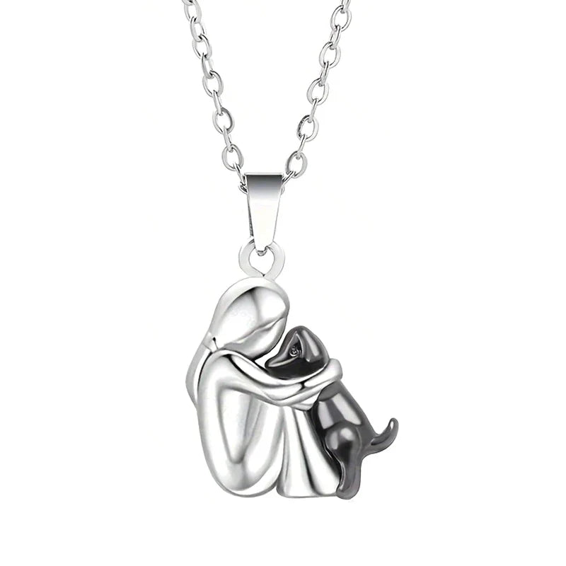 Dog and Master Cuddle Pendant Necklace Silver and Black