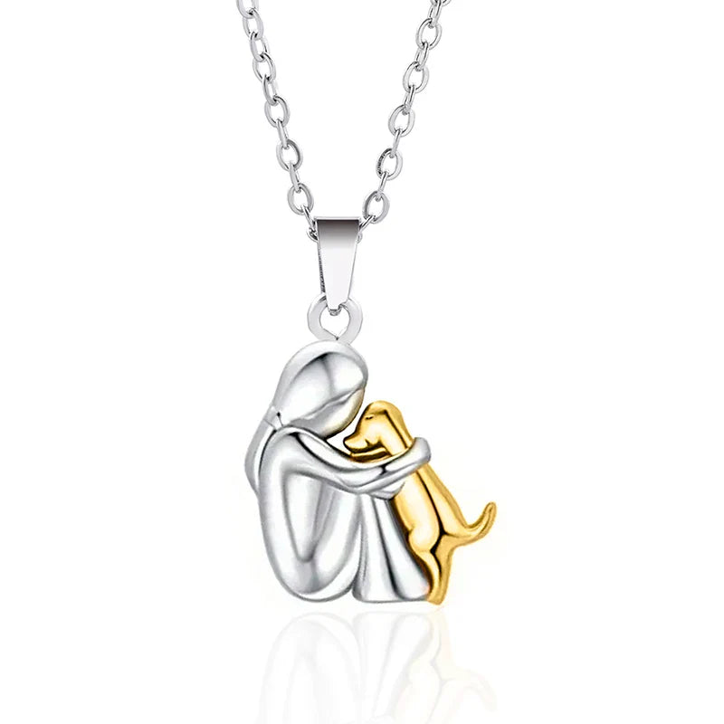 Dog and Master Cuddle Pendant Necklace Silver and Gold