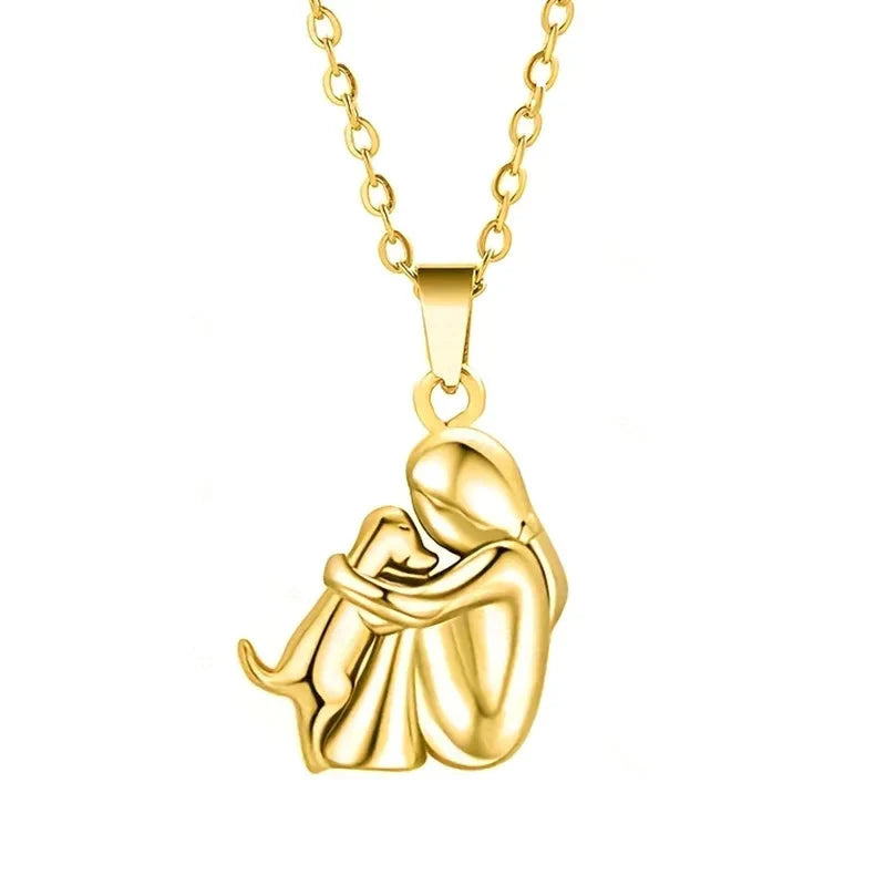 Dog and Master Cuddle Pendant Necklace Gold