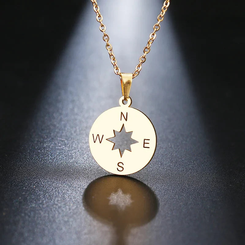 Gold Cardinal Compass Rose Wind Rose Pendant Necklace