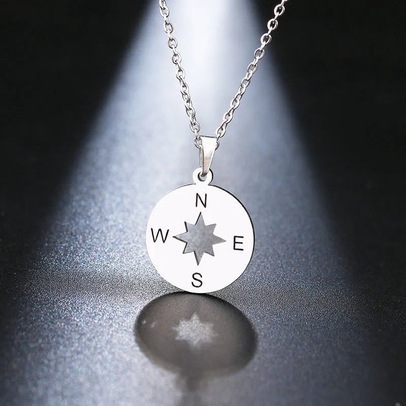 Silver Cardinal Compass Rose Wind Rose Pendant Necklace