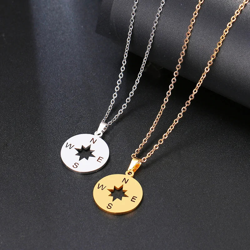 Gold Cardinal Compass Rose Wind Rose Pendant Necklace