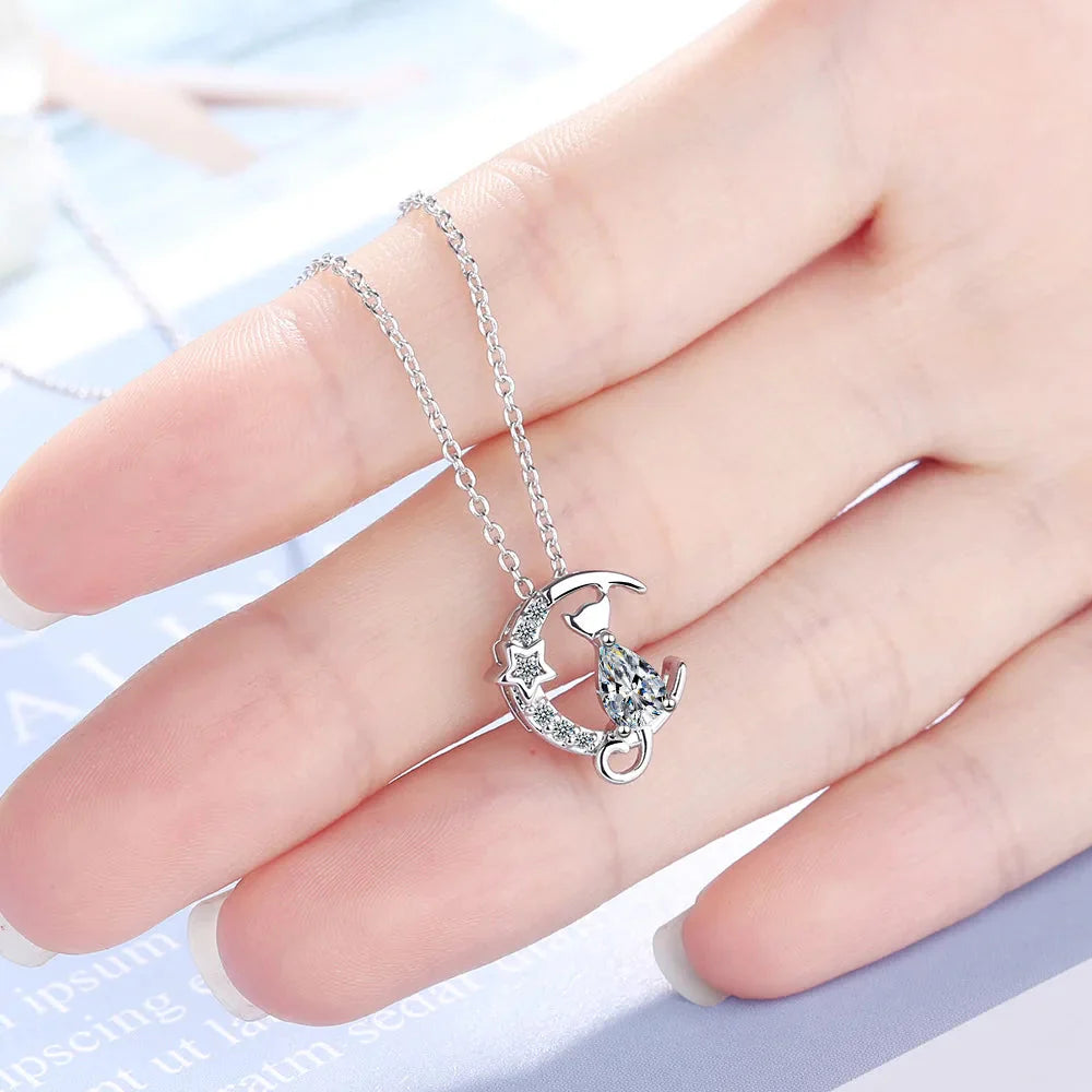 Silver Zircon Cat Pendant Necklace