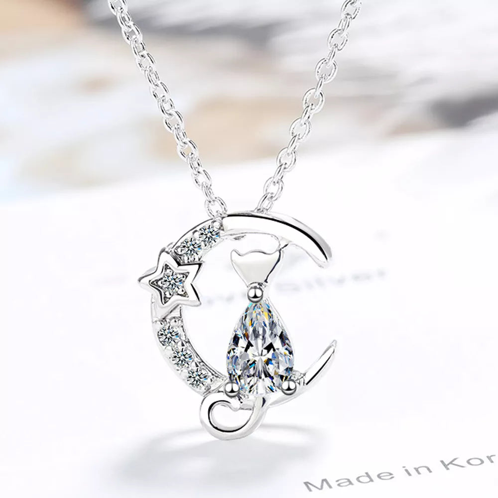 Silver Zircon Cat Pendant Necklace
