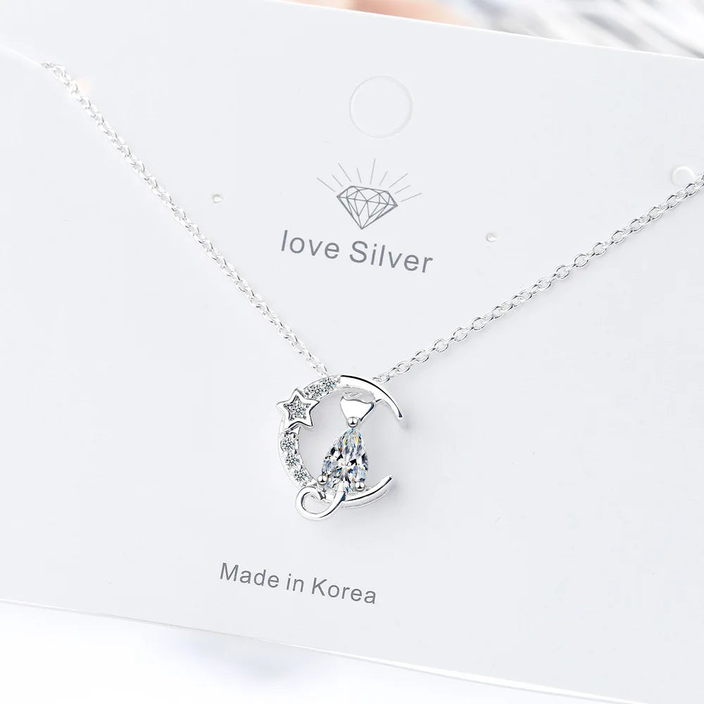 Silver Zircon Cat Pendant Necklace