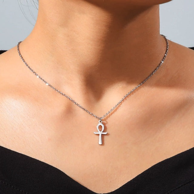 Egyptian Ankh Cross Pendant Necklace for Women Silver