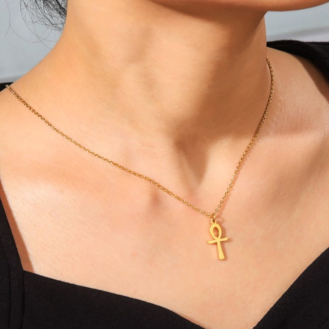 Egyptian Ankh Cross Pendant Necklace for Women Gold