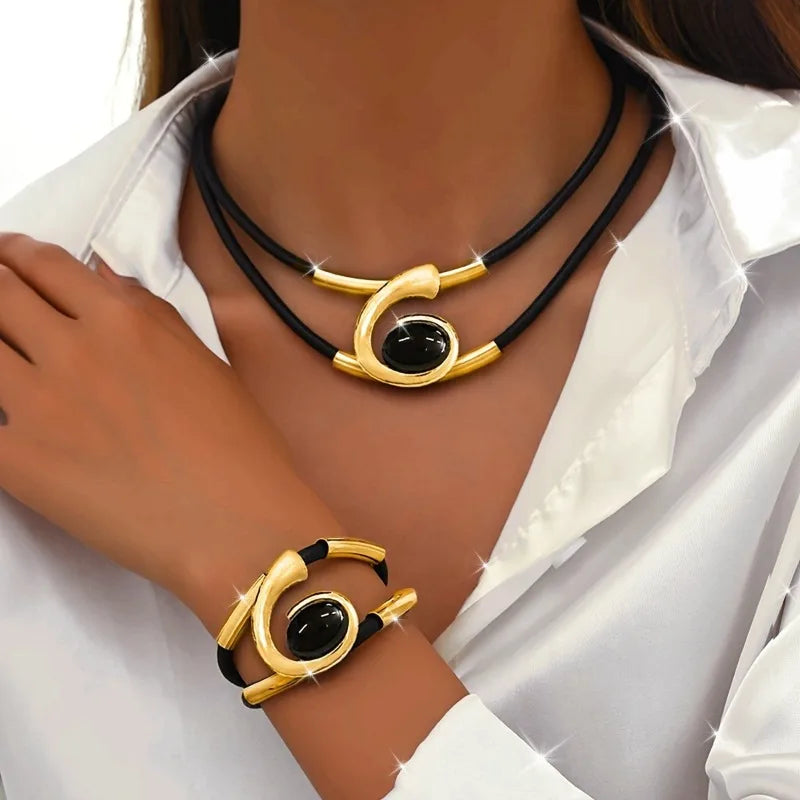 Geometric Gold Pendant Necklace and Bracelet