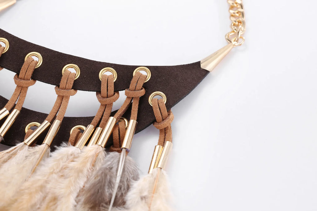 Ethnic Feather Choker Pendant Necklace brown