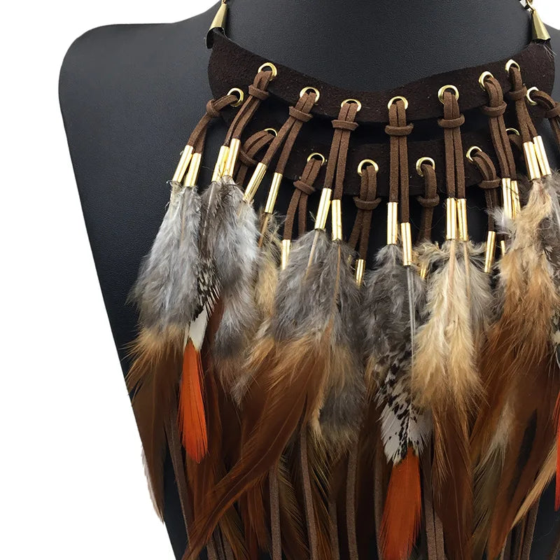 Ethnic Feather Choker Pendant Necklace brown