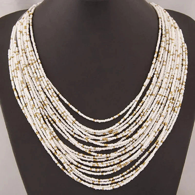 Multistrand White African Ethnic Pendant Necklace