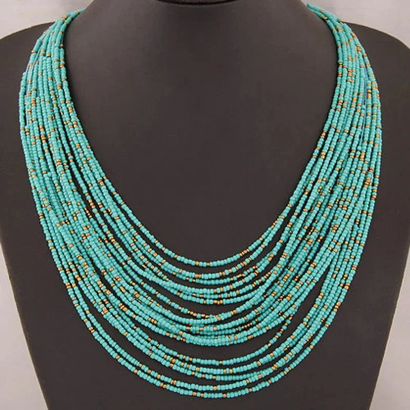 Multistrand Blue African Ethnic Pendant Necklace 