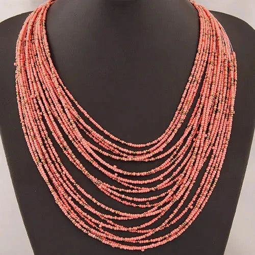 Multistrand Pink African Ethnic Pendant Necklace