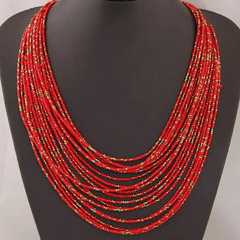 Multistrand Red African Ethnic Pendant Necklace