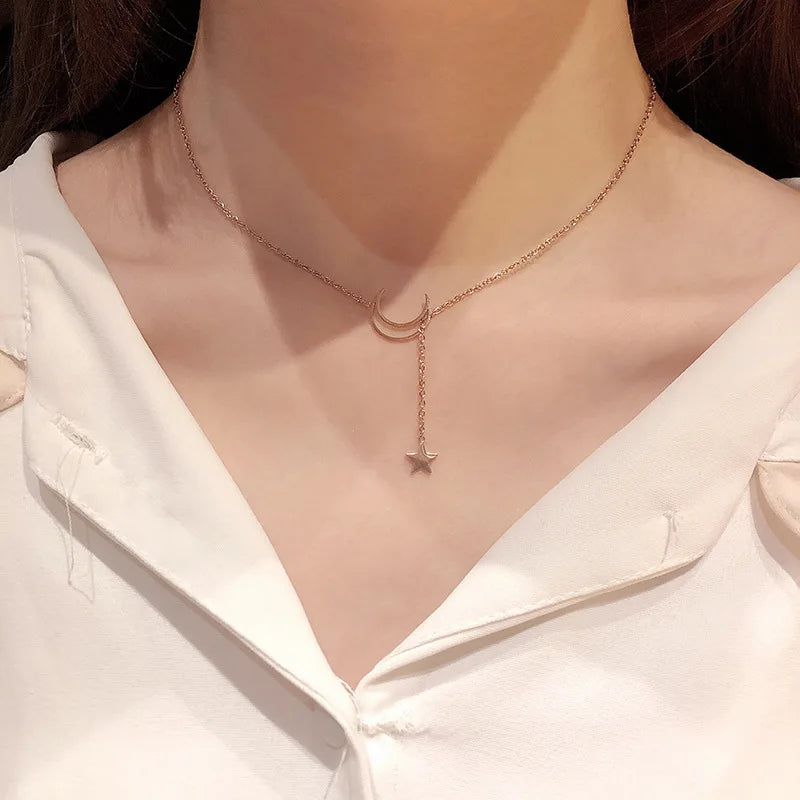 Gold Star and Moon Pendant Necklace
