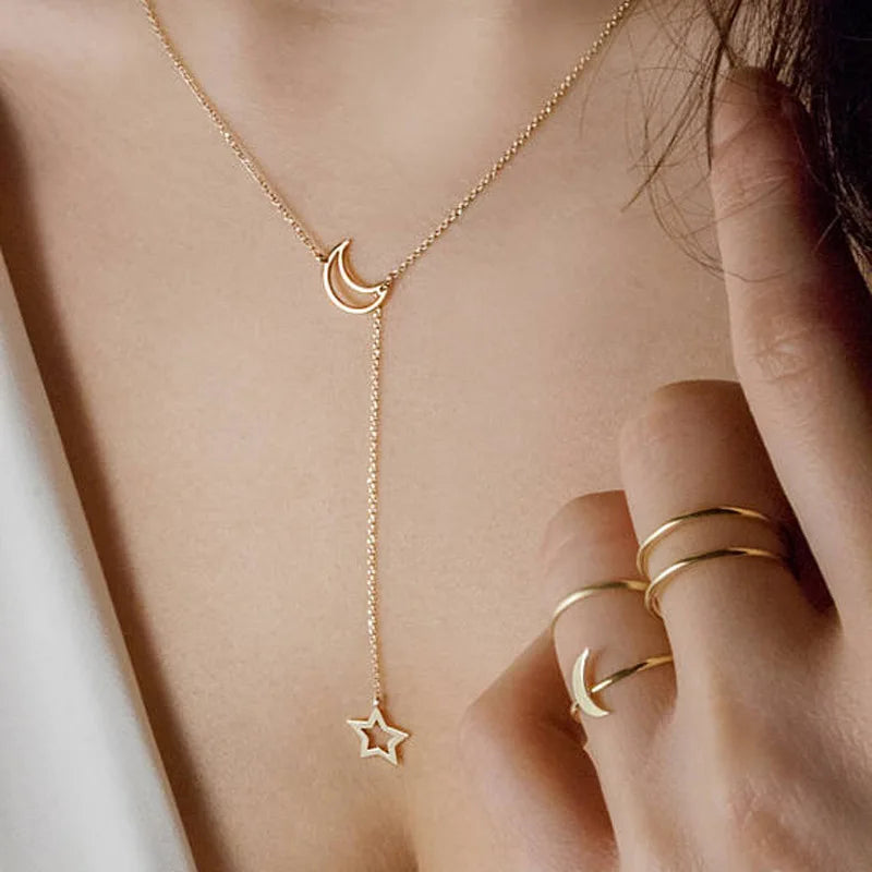 Gold Star and Moon Pendant Necklace