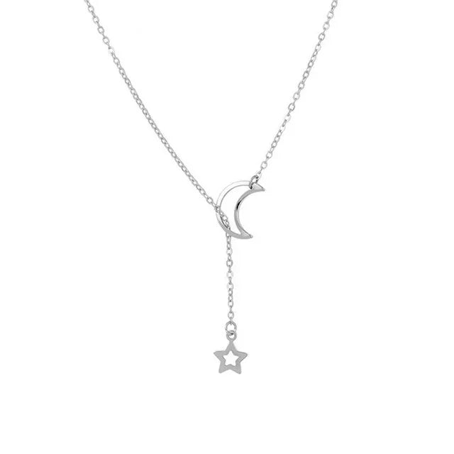 Silver Star and Moon Pendant Necklace