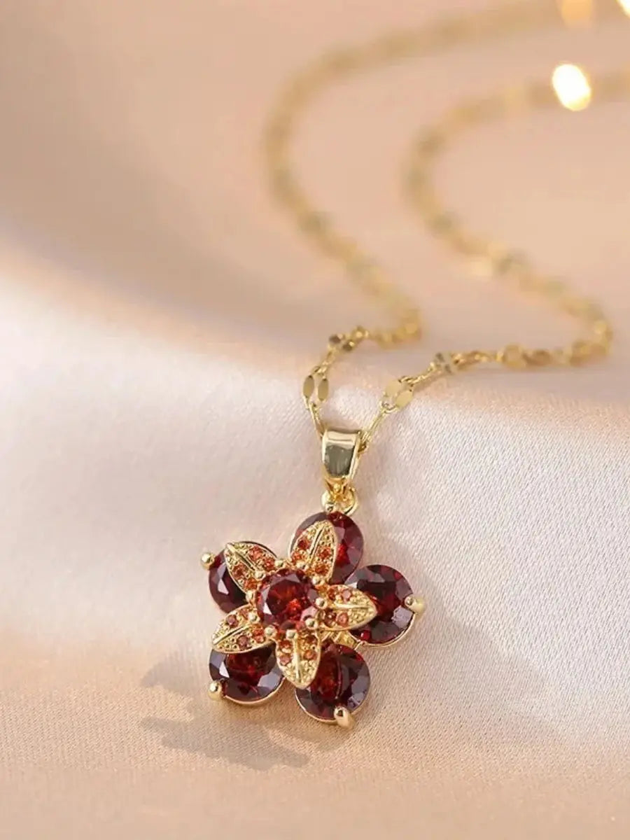 Colored Flower Zircon Pendant Necklace Red
