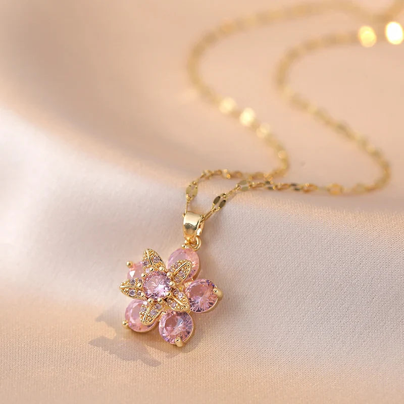 Colored Flower Zircon Pendant Necklace Pink