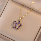Colored Flower Zircon Pendant Necklace Purple