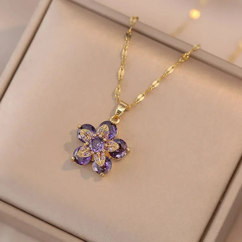 Colored Flower Zircon Pendant Necklace Purple