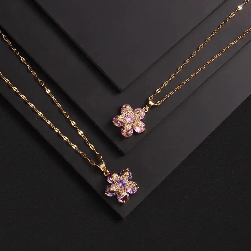 Colored Flower Zircon Pendant Necklace Pink