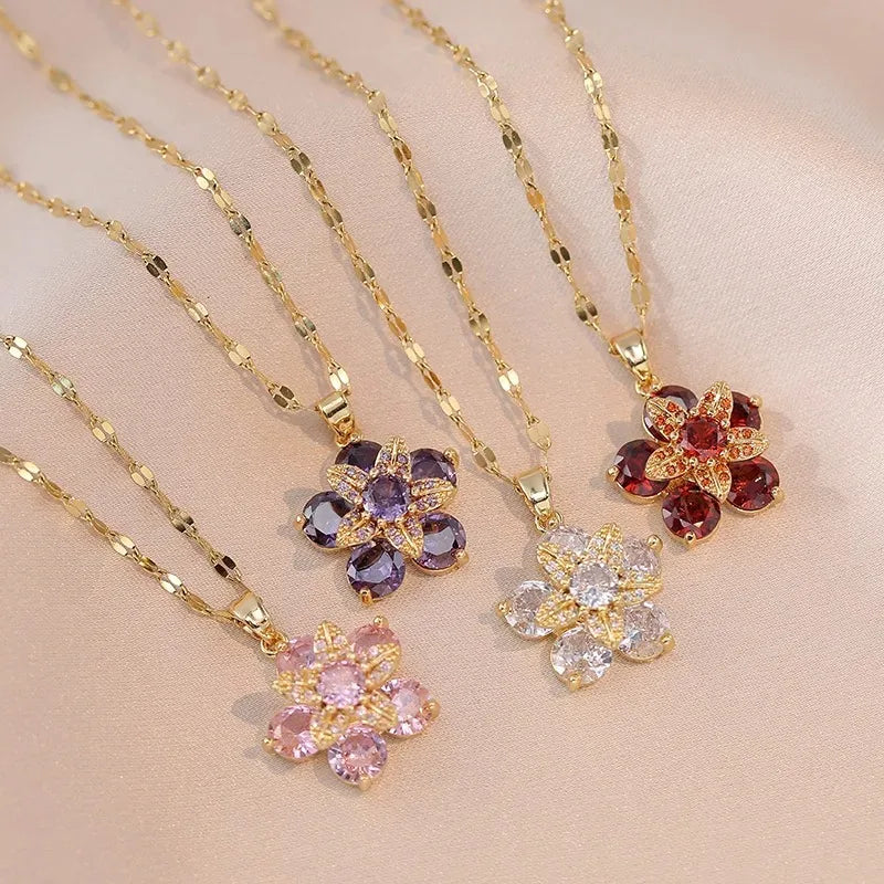 Colored Flower Zircon Pendant Necklace Red