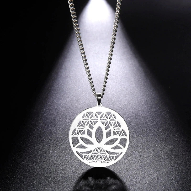 Silver Zen Lotus Flower Pendant Necklace