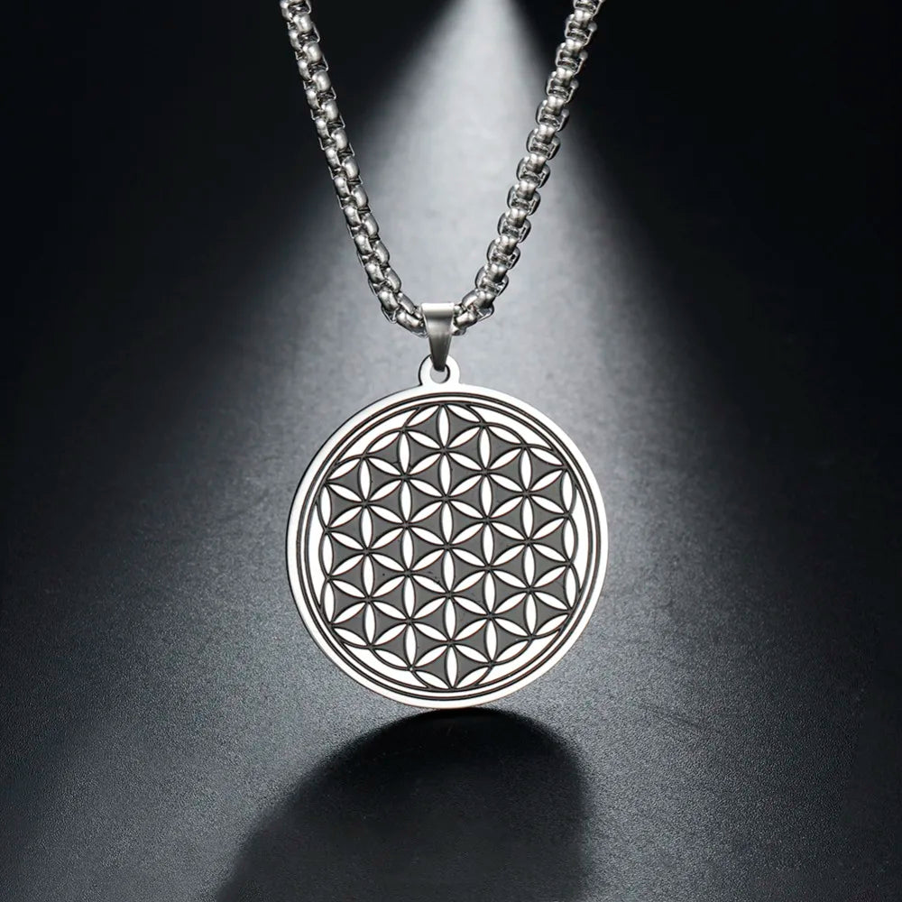 Flower of Life Pendant Necklace Silver Men Women