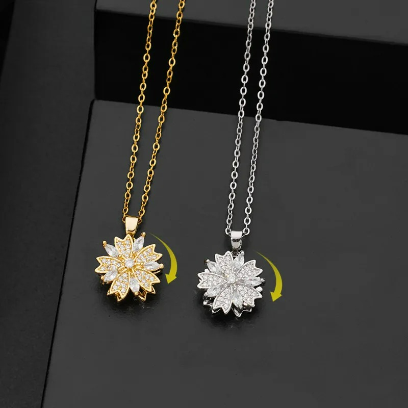 Rotating Zircon Flower Anti-Stress Pendant Necklace gold