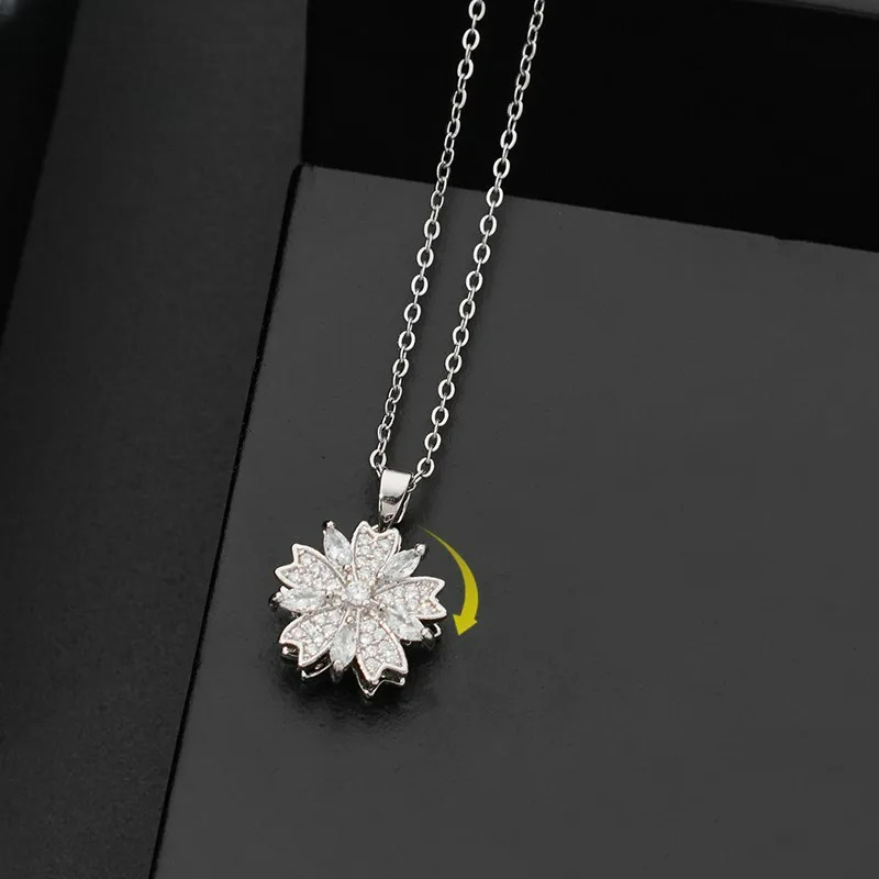 Stress-Relief Rotating Zircon Flower Pendant Necklace silver