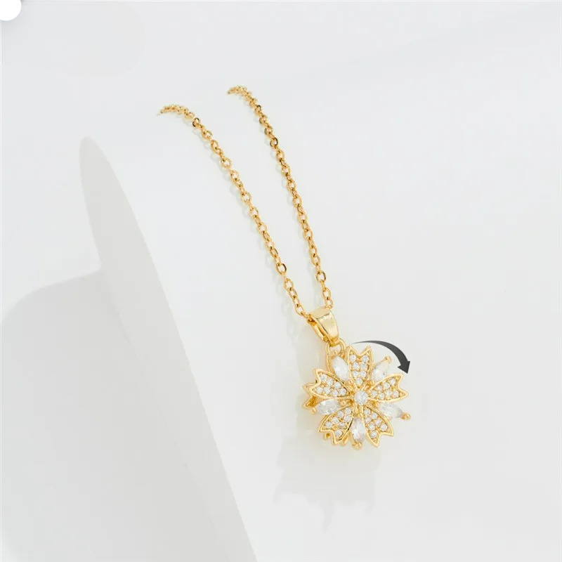 Stress-Relief Rotating Zircon Flower Pendant Necklace gold