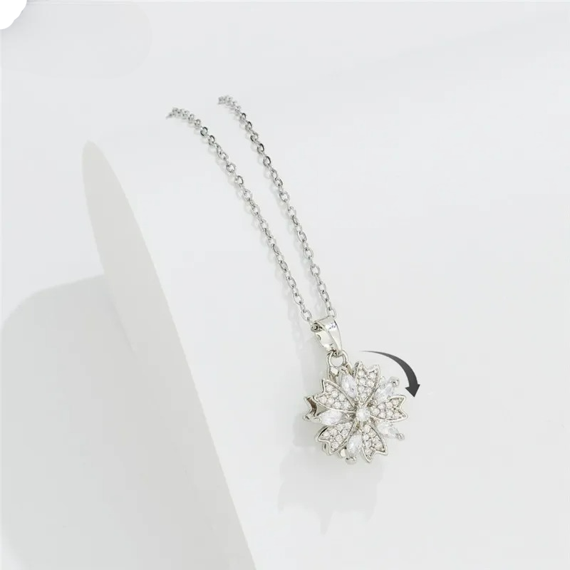 Rotating Zircon Flower Anti-Stress Pendant Necklace silver