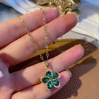 Green Five-Petal Flower Pendant Necklace