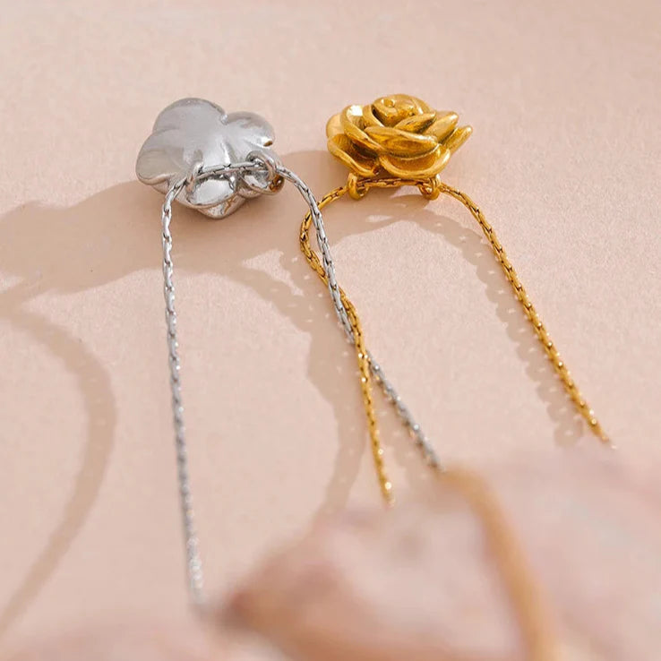 Large Silver Rose Flower Pendant Necklace