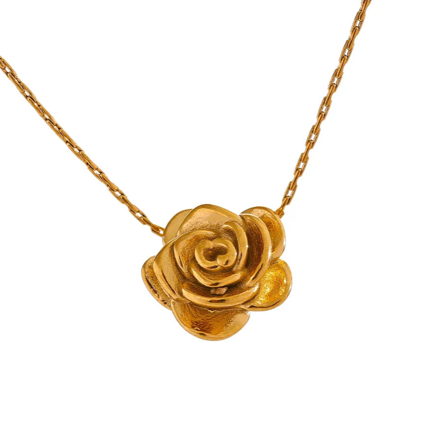 Large Gold Rose Flower Pendant Necklace