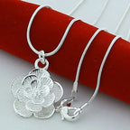 Elegant Large Flower Pendant Necklace in Silver Tone