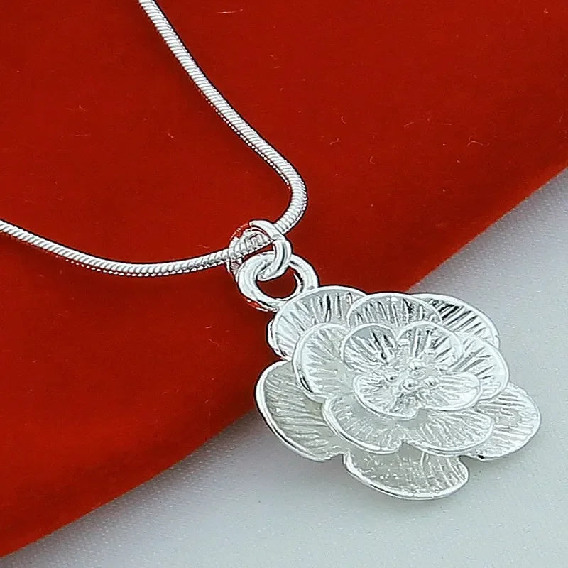 Elegant Large Flower Pendant Necklace in Silver Tone