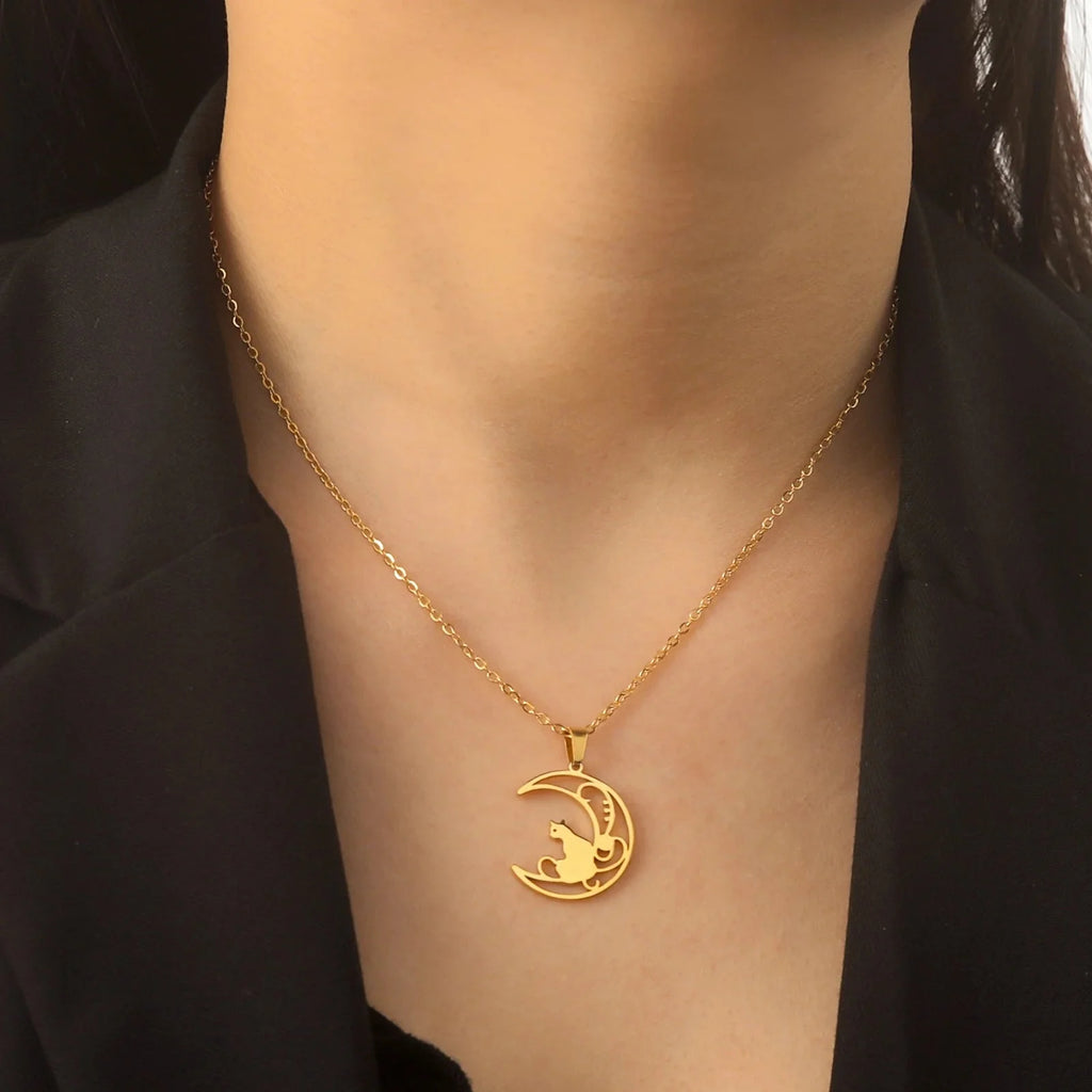 Cat Moon Pendant Necklace gold