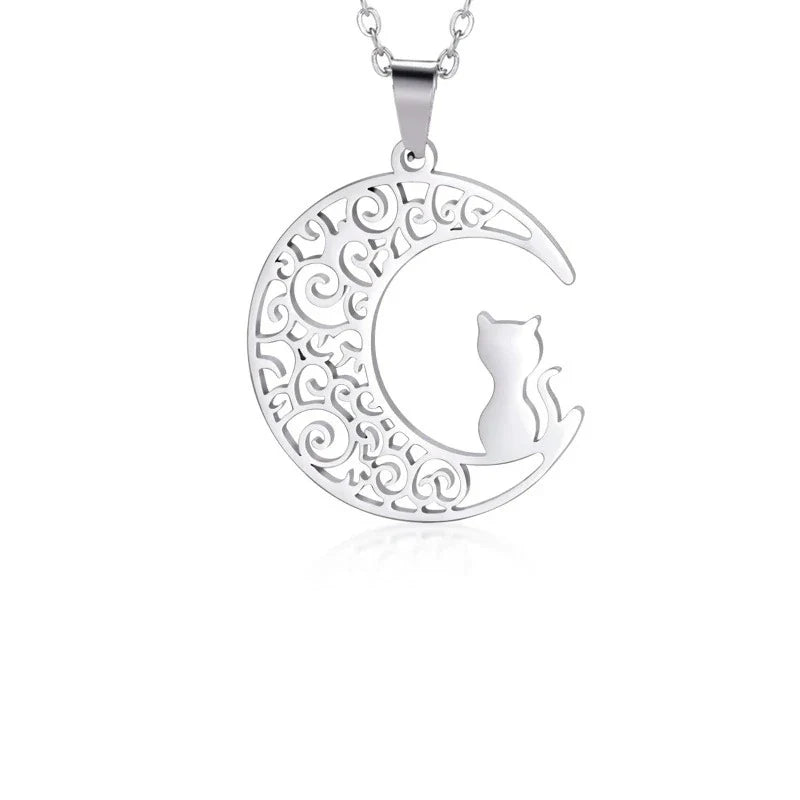 Cat Moon Pendant Necklace silver
