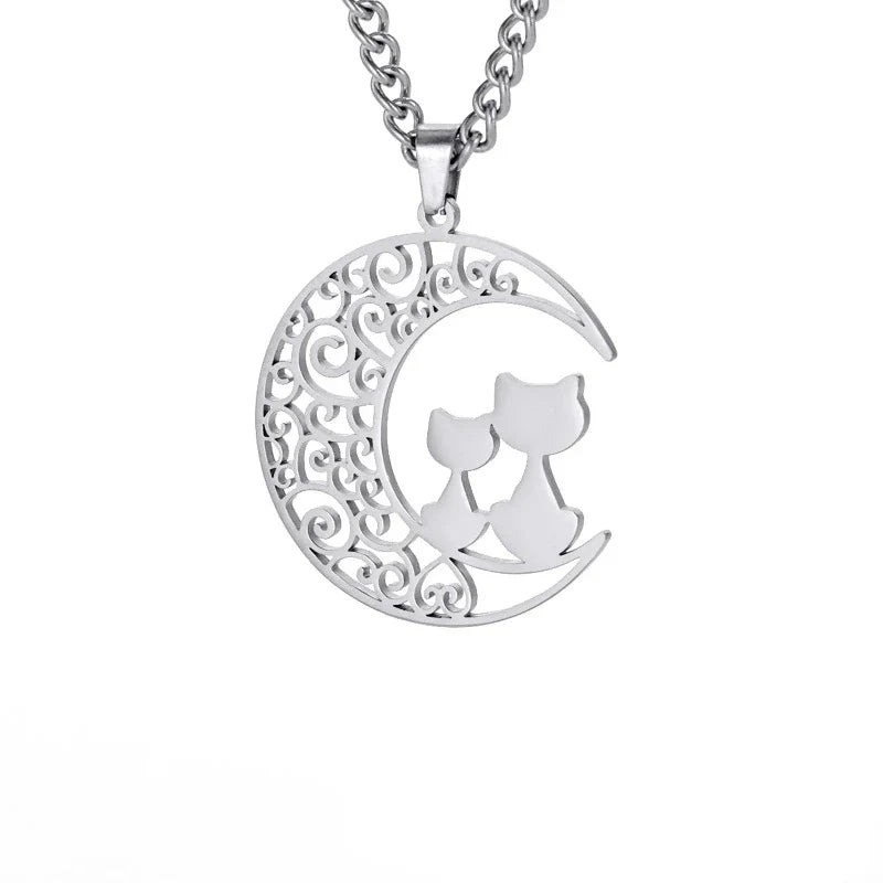 Cat Moon Pendant Necklace silver