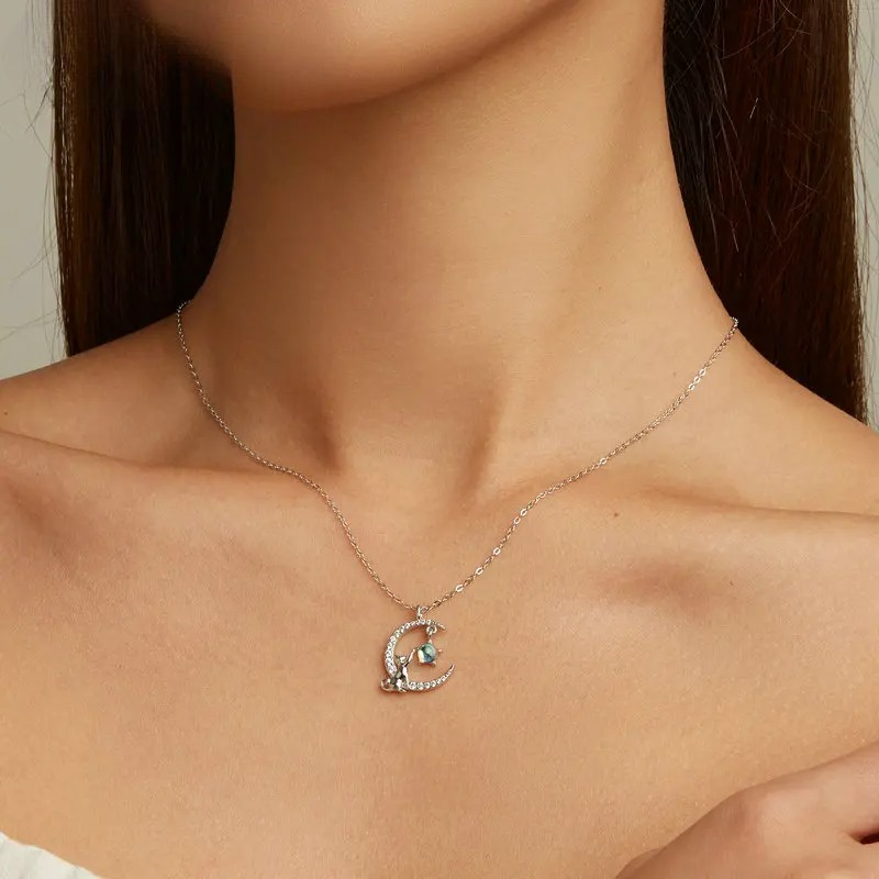 Moon Pendant Necklace in Zircon and Cat