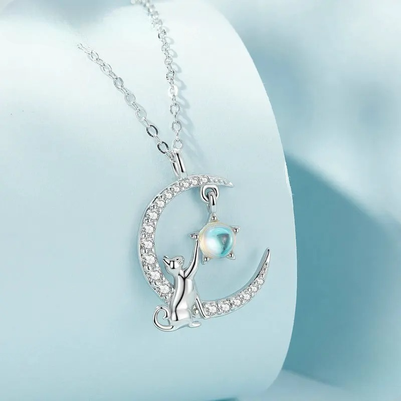 Moon Pendant Necklace in Zircon and Cat