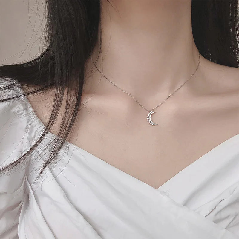 Moon Zircon Pendant Necklace for Women silver