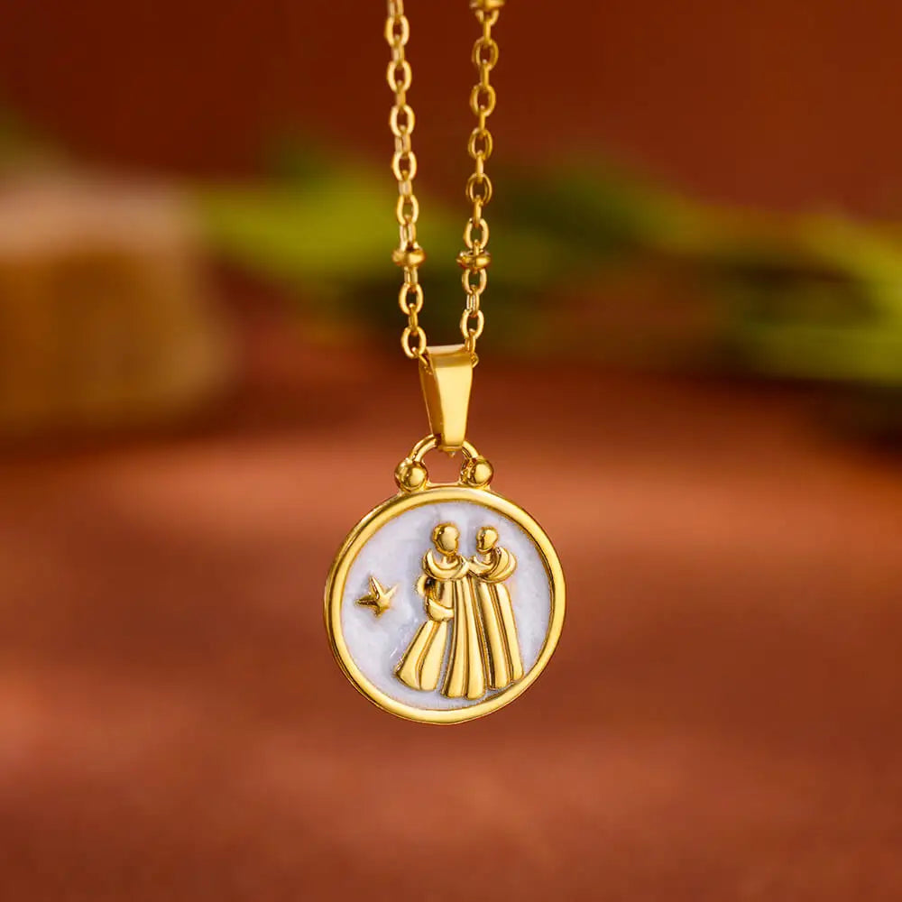 Gold and White Zodiac Sign Pendant Necklace 12 Constellations Gemini